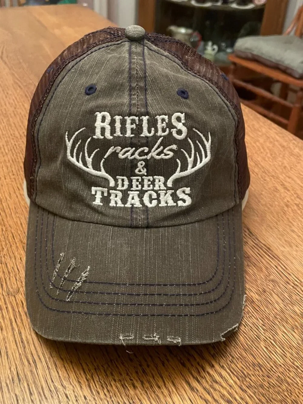 Rifles Racks and Deer Tracks Dark Olive/Brown Hook and Loop Trucker Hat Cap